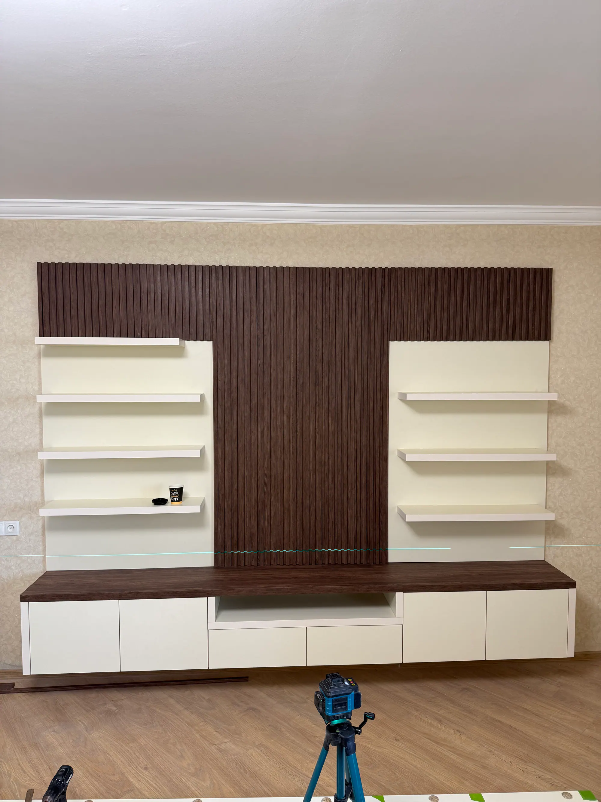 TV კედელი ღია თაროებით — პროექტის ფოტო